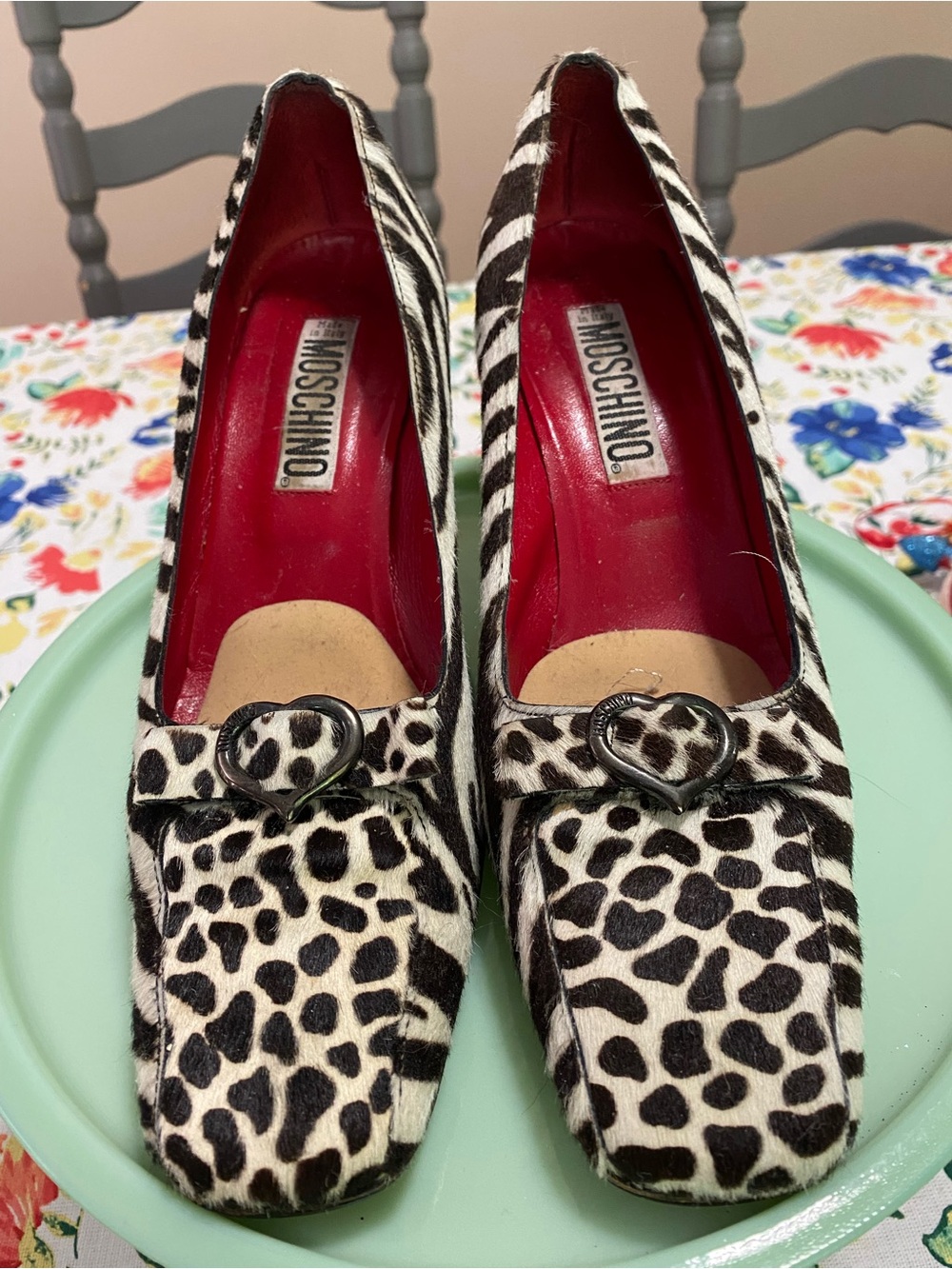 Moschino Black and White Leopard-Print Pumps with Heart Buckle